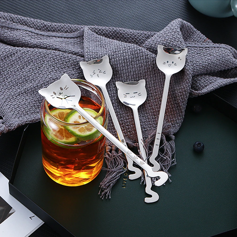 

4 шт./компл. многофункциональная подвесная кофейная ложка в виде милого кота, кухонные аксессуары из нержавеющей стали, гладкая длинная ручк...