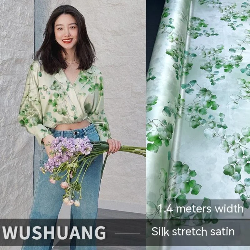 

Wide Stretch-satin Silk Fabric Mint Green Primrose Digitally Dyed Cheongsam Summer Shirt Dress Designer Handmade Fabrics