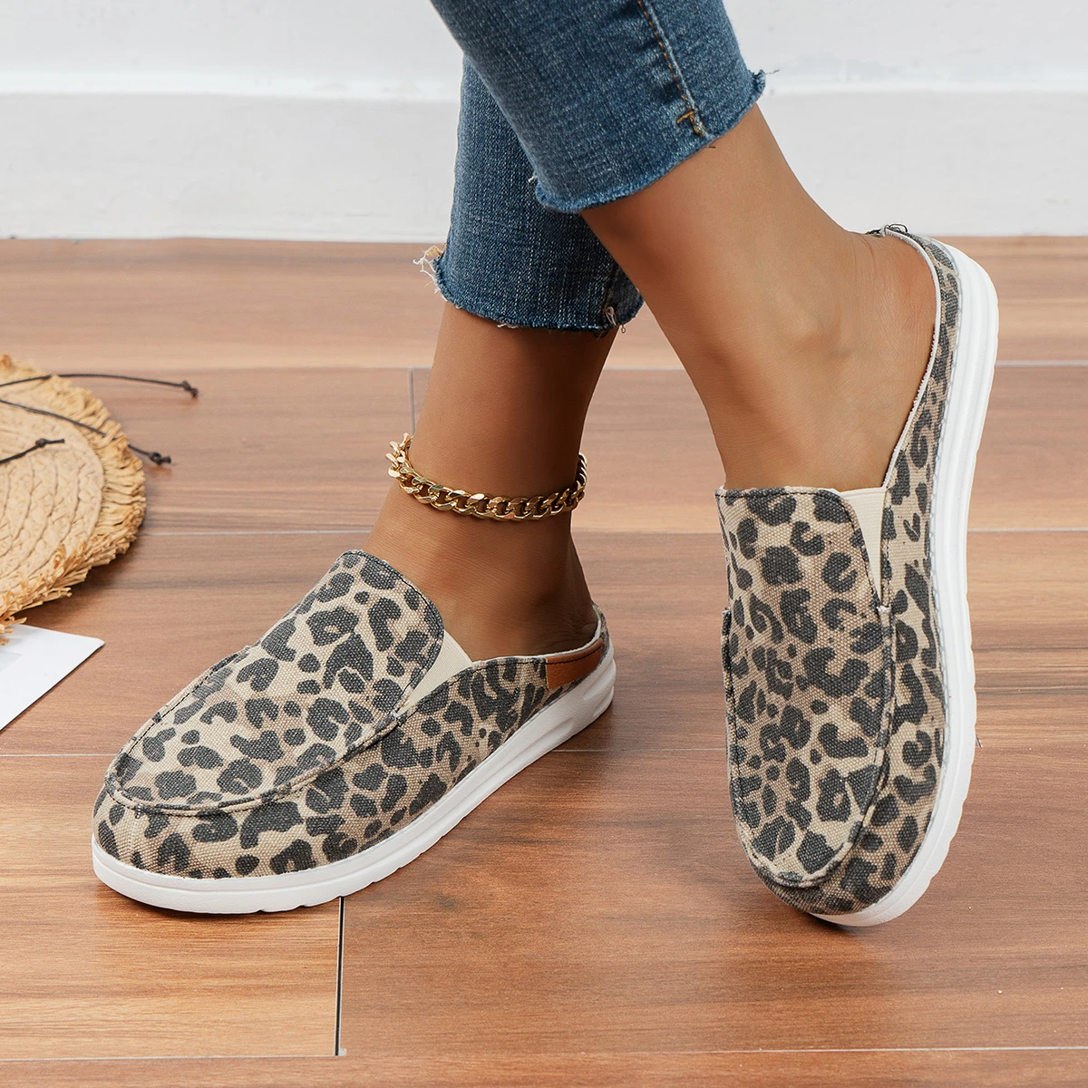Black White Cow Print Canvas Mule Loafers Woman Fashion Slip-on Leopard Sneakers Ladies Casual Flat Sport Slippers Plus Size