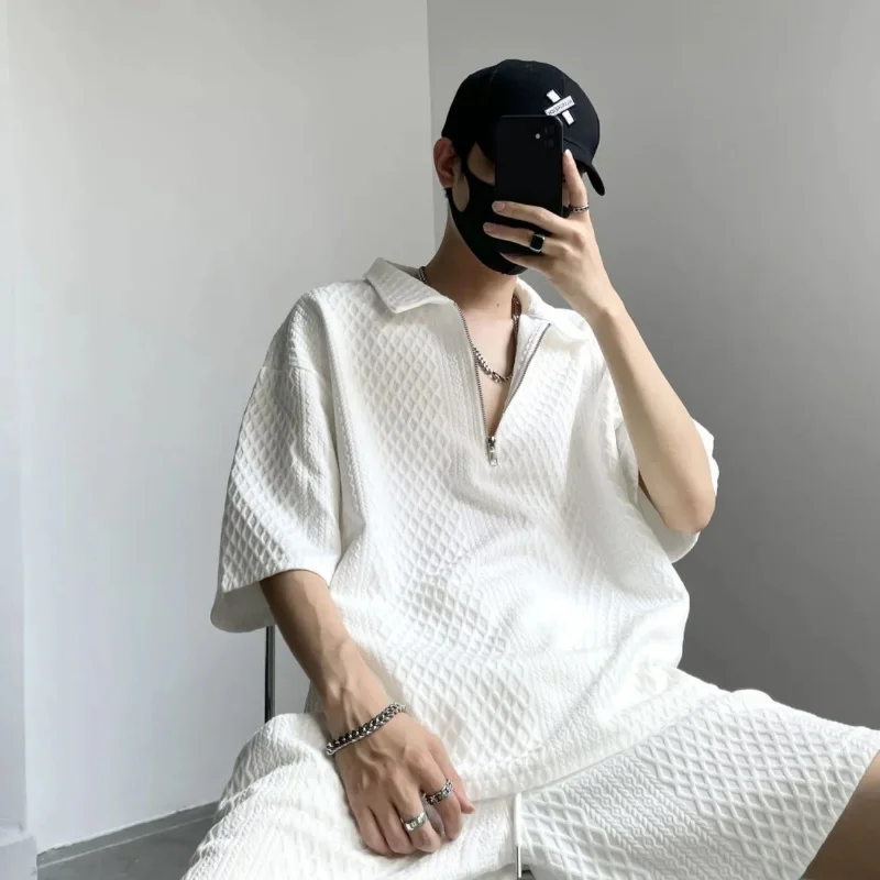 

Summer T-shirt Shorts Casual Suit Texture High-end Loose Half-zipper Lapel Shirt Men Solid Two-piece Set