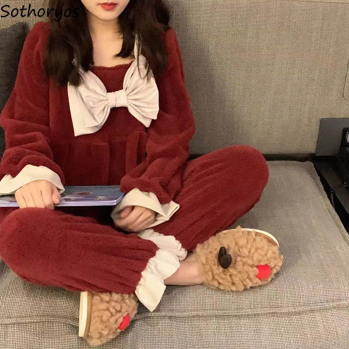 

Sweet Pcs Bow Flannel Loungewear Women Thick Pajama Sets 2 Pyjamas Long Princess Winter Sleeve Collar Sleepwear Warm Square Tops