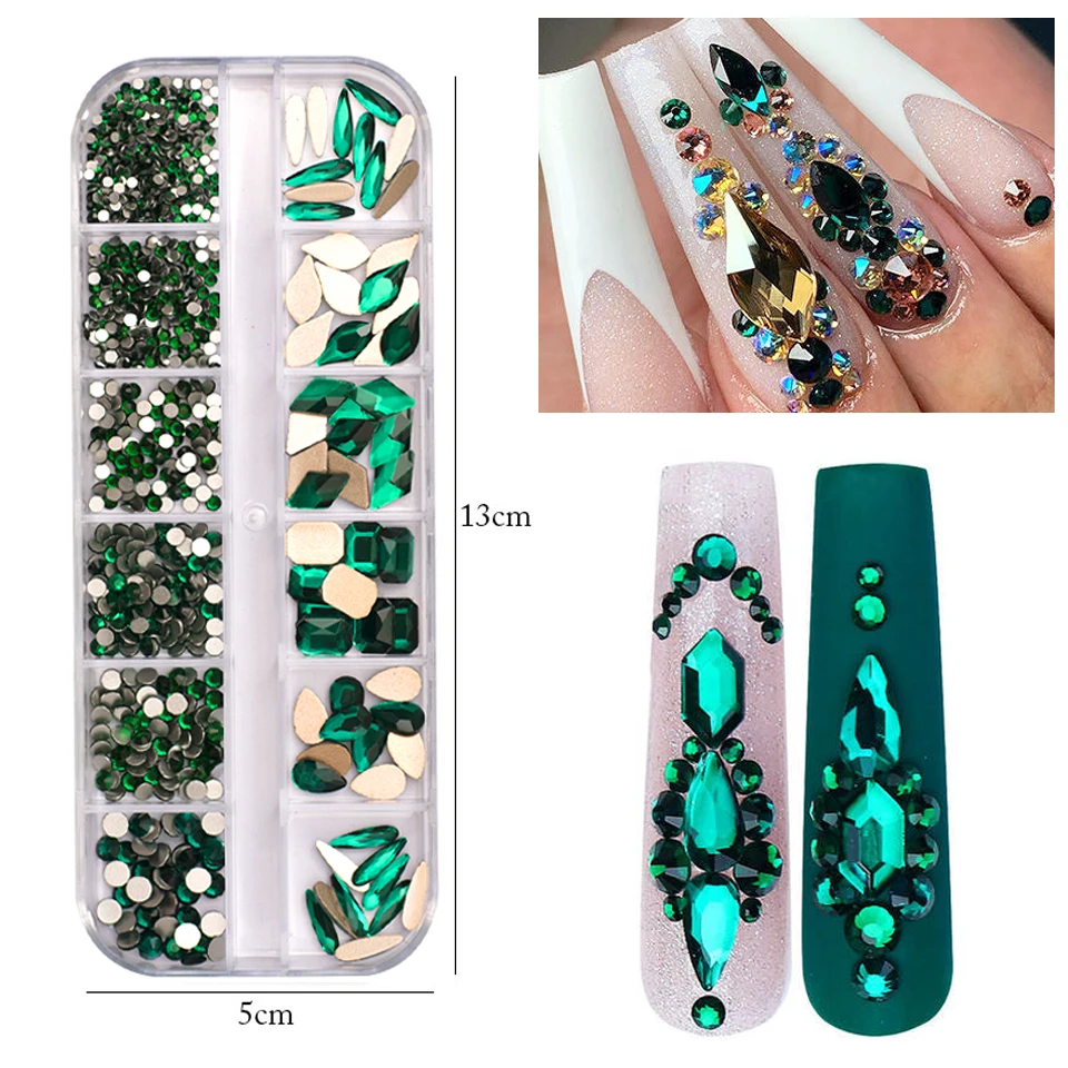 

12 Grids Emerald Color Nail Rhinestones Multi-Shapes 3D DIY Nails Art Decorations Nail Charms Accessories for Professionals