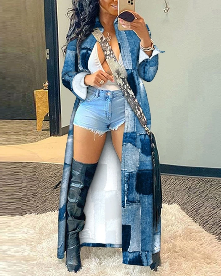 

Denim Look Print Longline Shacket Colorblock Plaid Print Longline Shacket