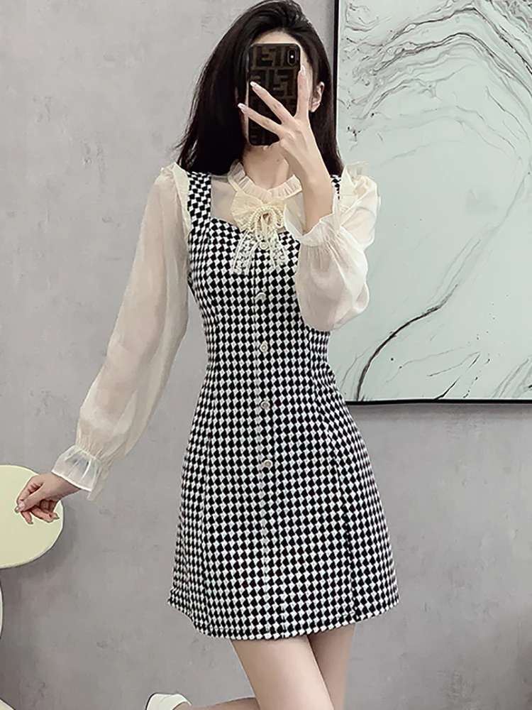 Женское клетчатое Сетчатое платье в стиле пэчворк с бисером и бантом на