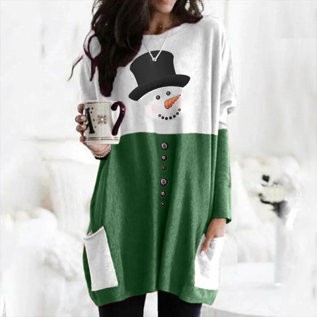 

Casual Pullover Dresses for Women Winter O-neck Long Sleeve Pockets Front with Christmas Snowing Printing Plus Sizes S-5xl Dress