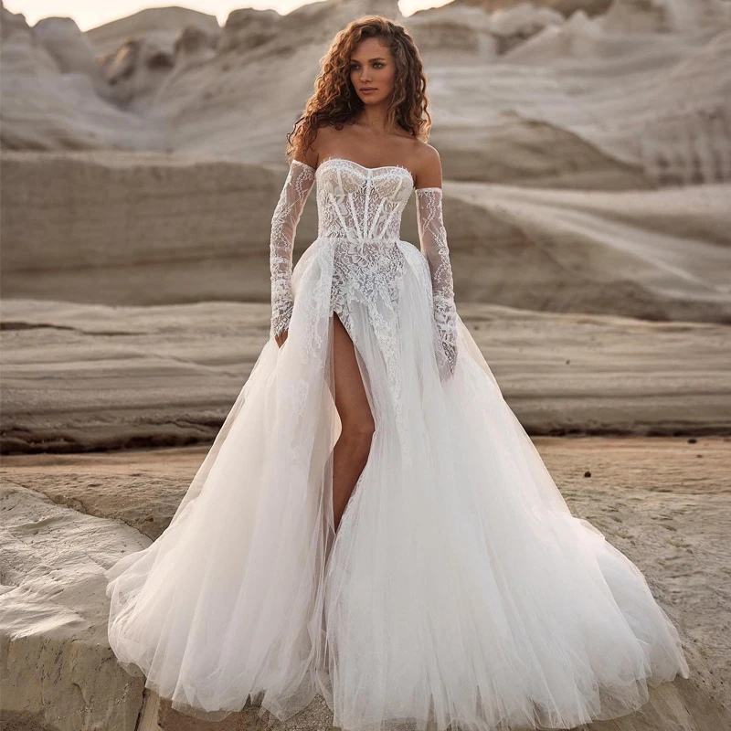 

Белое свадебное платье-трапеция UZN, элегантные кружевные свадебные платья с высоким разрезом и аппликацией, богемное пляжное искусственное платье, Индивидуальный размер