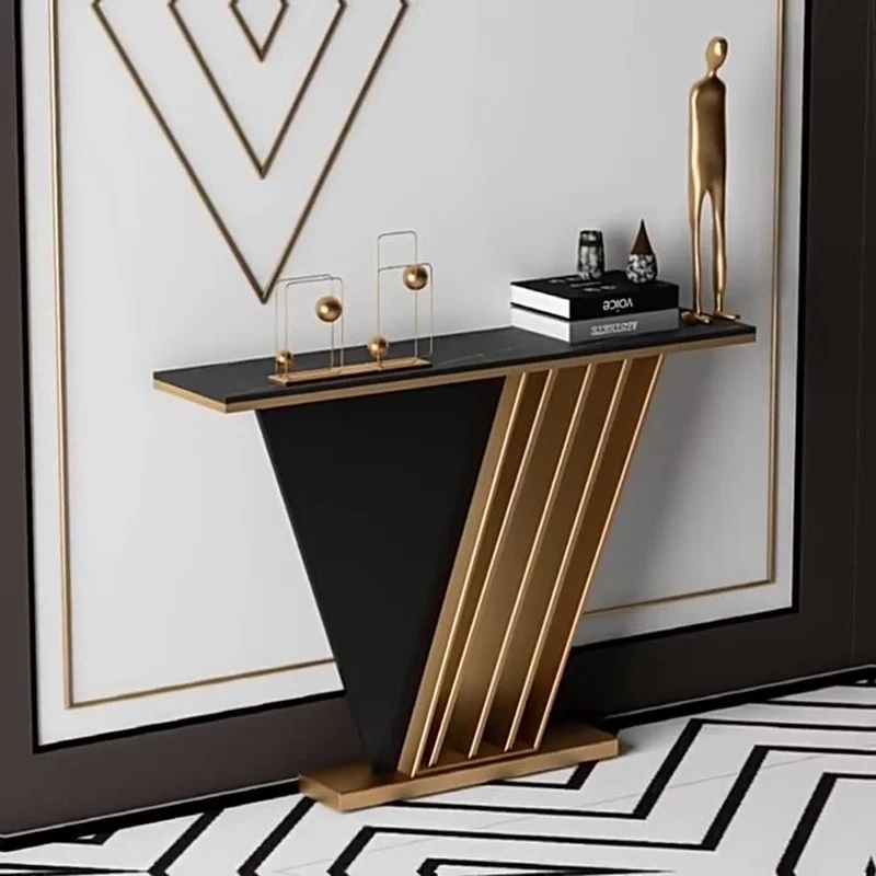 

Modern minimalist living room decoration shelf against the wall entrance corridor light luxury rock slab gold console table
