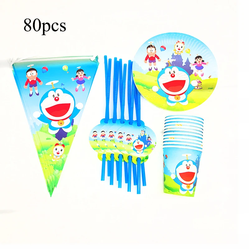 

80Pcs Doraemon Disposable Tableware Party Napkins Cups Banners Straws Baby Shower Party Decorations Cups Banners Plate