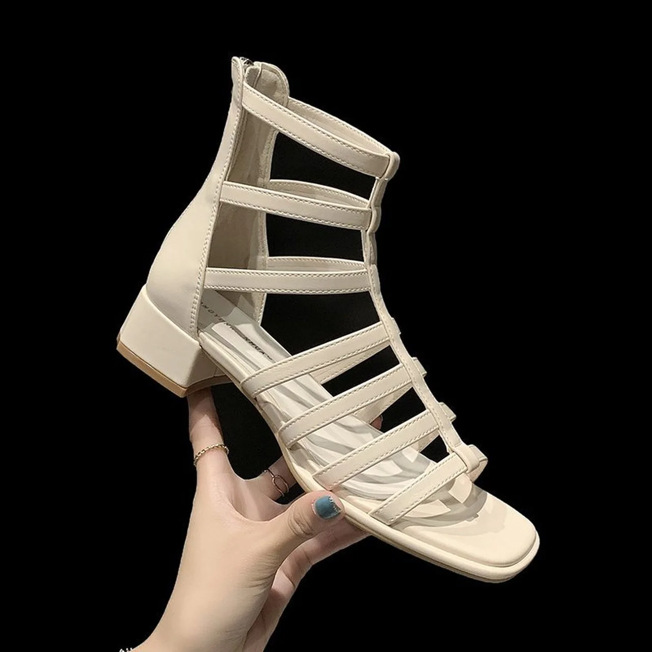 

Women's sandals casual thick heels shoe 2022 summer fashion square toe open toe back zipper mid-heel sandals Zapatillas Mujer