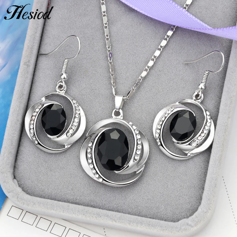 Exquisite Silver Color Bridal Jewelry Set Austrian Crystal Black Zircon Geometry Pendant Necklace Earring For Woman Jewelry Gift