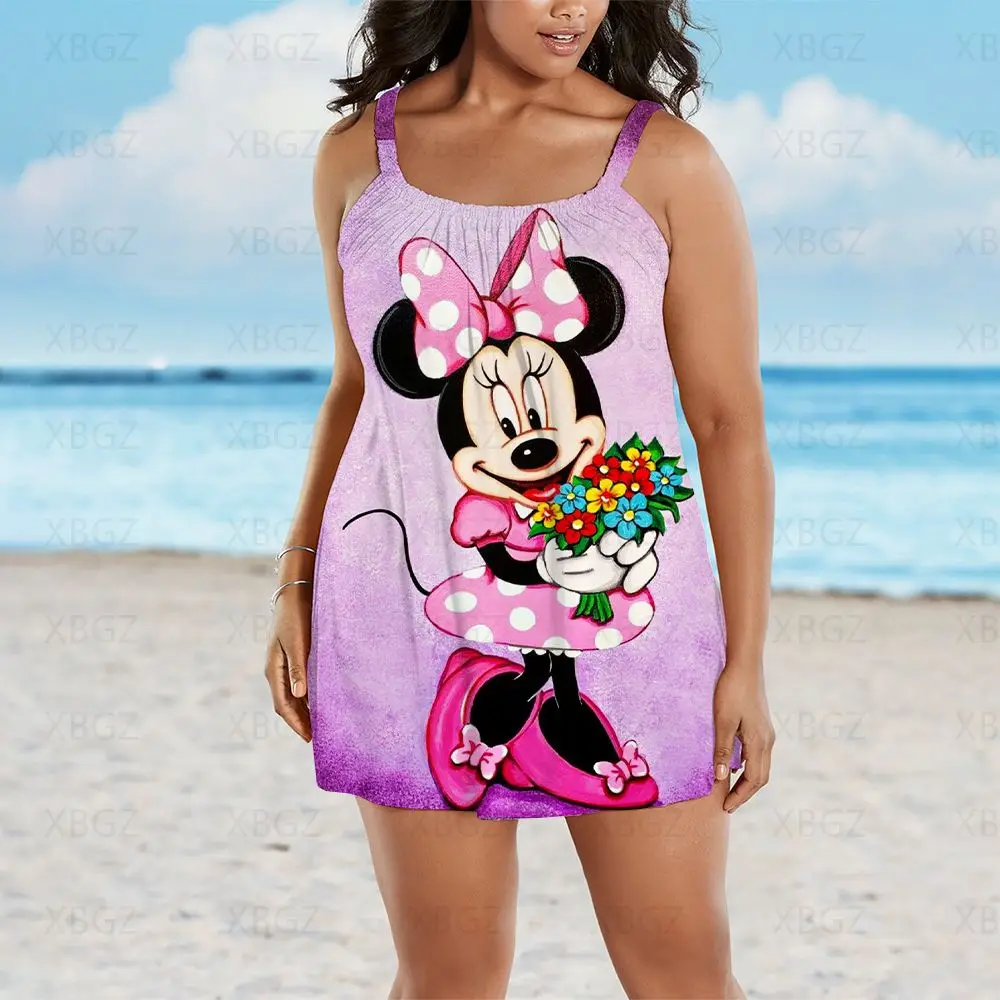 Elegant Dresses for Women Sleeveless Plus Size Summer Outfits Woman 2022 Sexy Beach Dress Chic Cartoon Disney Print Mickey Loose