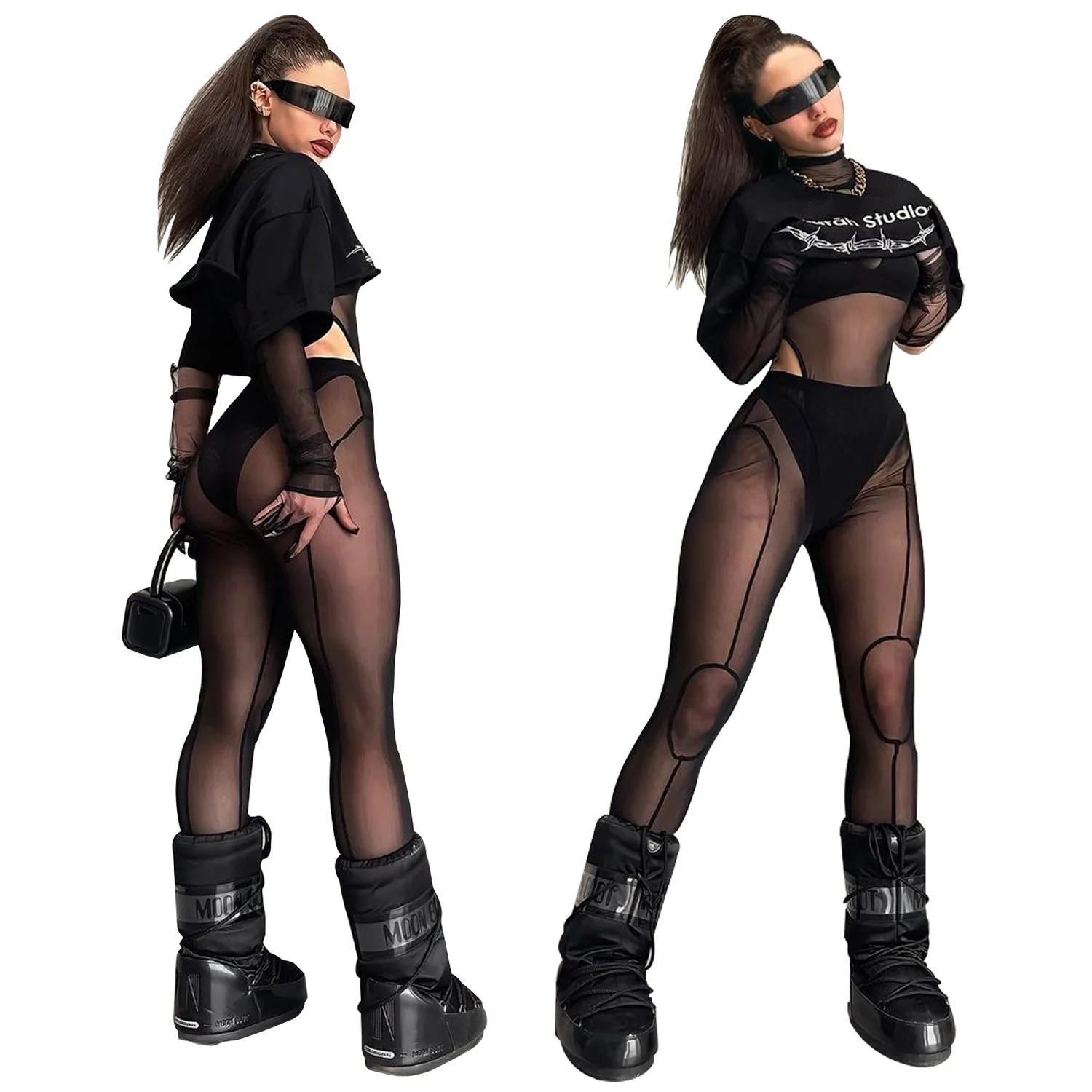 Women Mesh Stitching Leggings Trousers Pure Color Mesh High Waist Slim See Through Pants Leggings Skinny Sexy Streetwear Casua