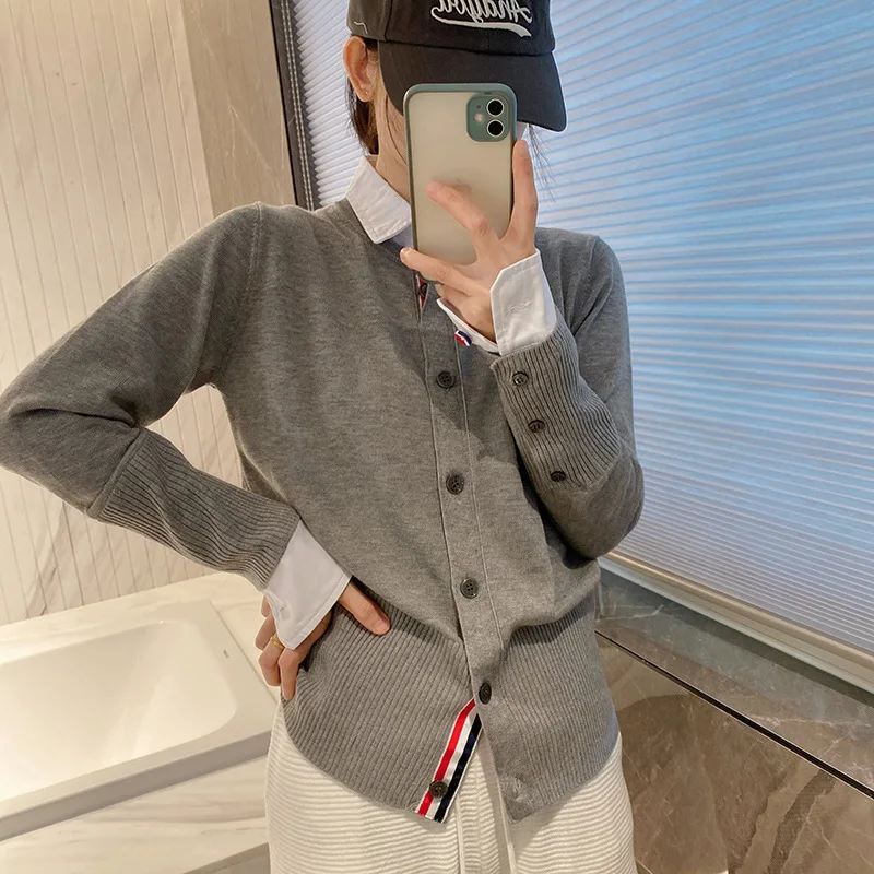 

High Quality Korean Style Spring New TB Stitching Fake Two Pieces Lapel Slim Knit Cardigan Sweater TB Wool Shirt Jacket Women