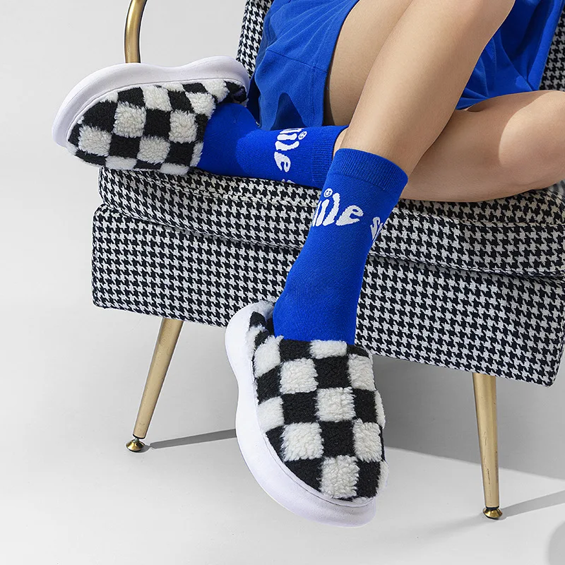 Women's Fashion Checkerboard Slippers Winter With Plush Cotton Drag Men's Non-Slip Thick Sole Indoor Slippers