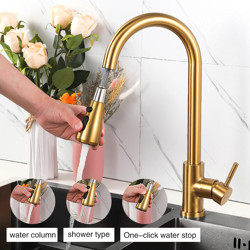 ULA Stainless Steel Kitchen Faucet Hot Cold Water Mixer Tap Pull Out Spout 2 Water Modes Flexible Sink Faucet Kitchen Gold Tap images - 6