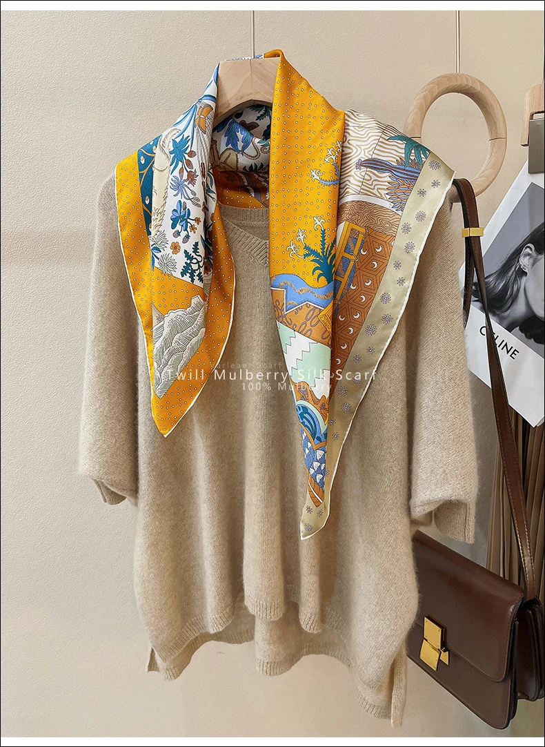 Шелковый шарф с закатанными краями 90*90 см квадратные шарфы из Твила тутового