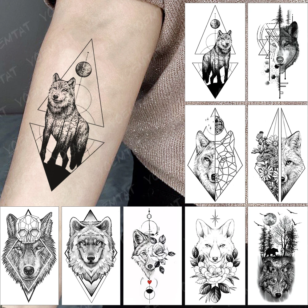 

Children's Realistic Geometry Fierce Wolf Totem Waterproof Temporary Tattoo Sticker Face Arm Art For Kids Women Fake Tattoos