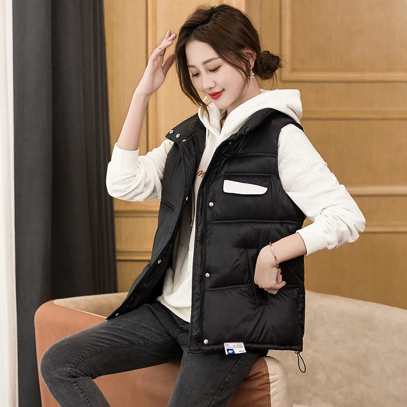 Autumn and winter new-style down cotton vest women's short-style stitching jacket sleeveless vest slim cotton jacket jacket jack