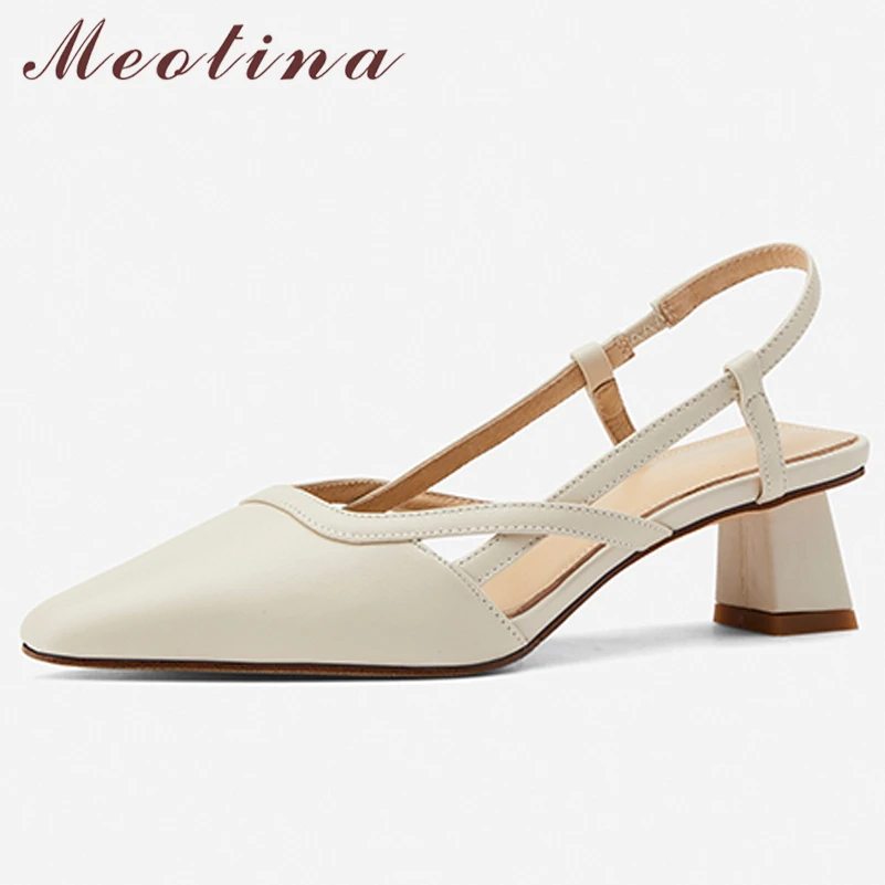 

Meotina Genuine Leather Women Slingbacks Shoes Thin Heels Pumps Mid Heels Pointed Toe Ladies Footwear Spring Beige Khaki 33-40