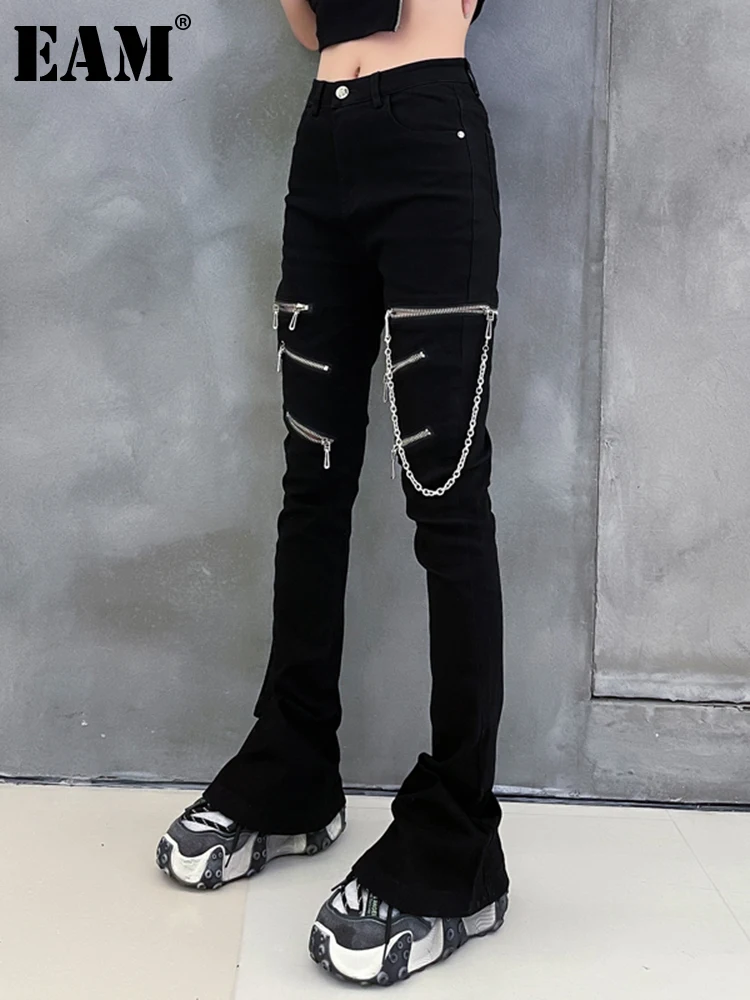 

[EAM] High Elastic Waist Black Zipper Long Flare Trousers New Loose Fit Pants Women Fashion Tide Spring Autumn 2022 1DE8047