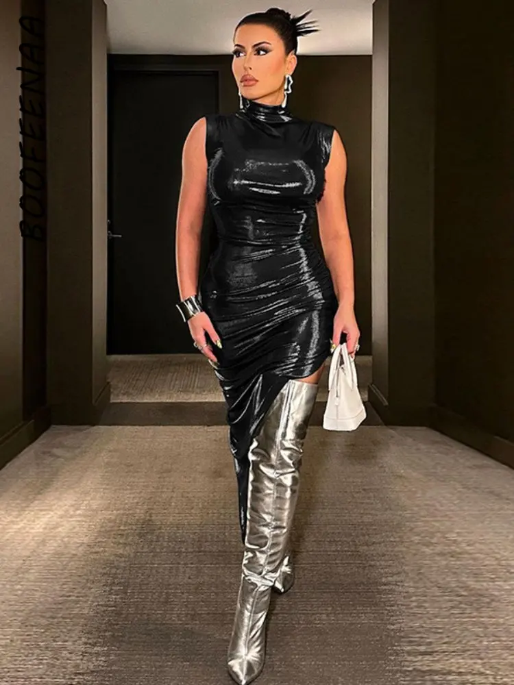 

BOOFEENAA Asymmetric Ruched Sleeveless Bodycon Dresses Sexy Night Club Outfits Shiny Metallic Black Dress for Women C70-BI19