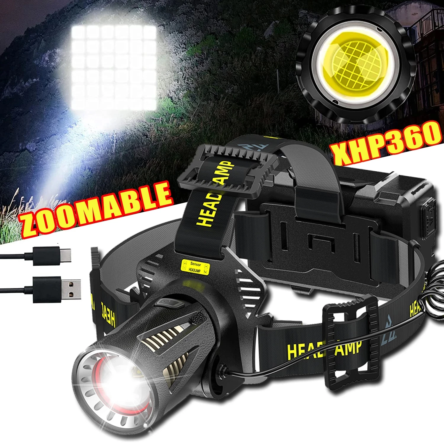 

High Lumens XHP360 LED Headlamp USB-C Rechargeable Headlight Zoomable Hunting Hand Light Power Bank Waterproof Camping Lantern