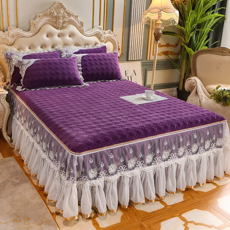 

Purple Super Soft Crystal Velvet Lace Ruffles Quilted Zipper Removable Bed Skirt Mattress Cover Bedspread Pillowcases Bedding