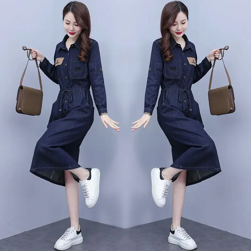 Женское джинсовое платье средней длины Элегантное однобортное с отложным