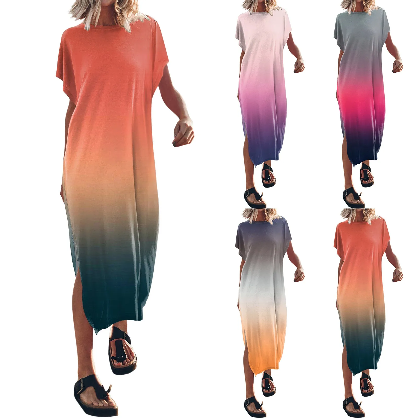 

Женское летнее платье-футболка макси с рукавом «летучая мышь» и круглым вырезом