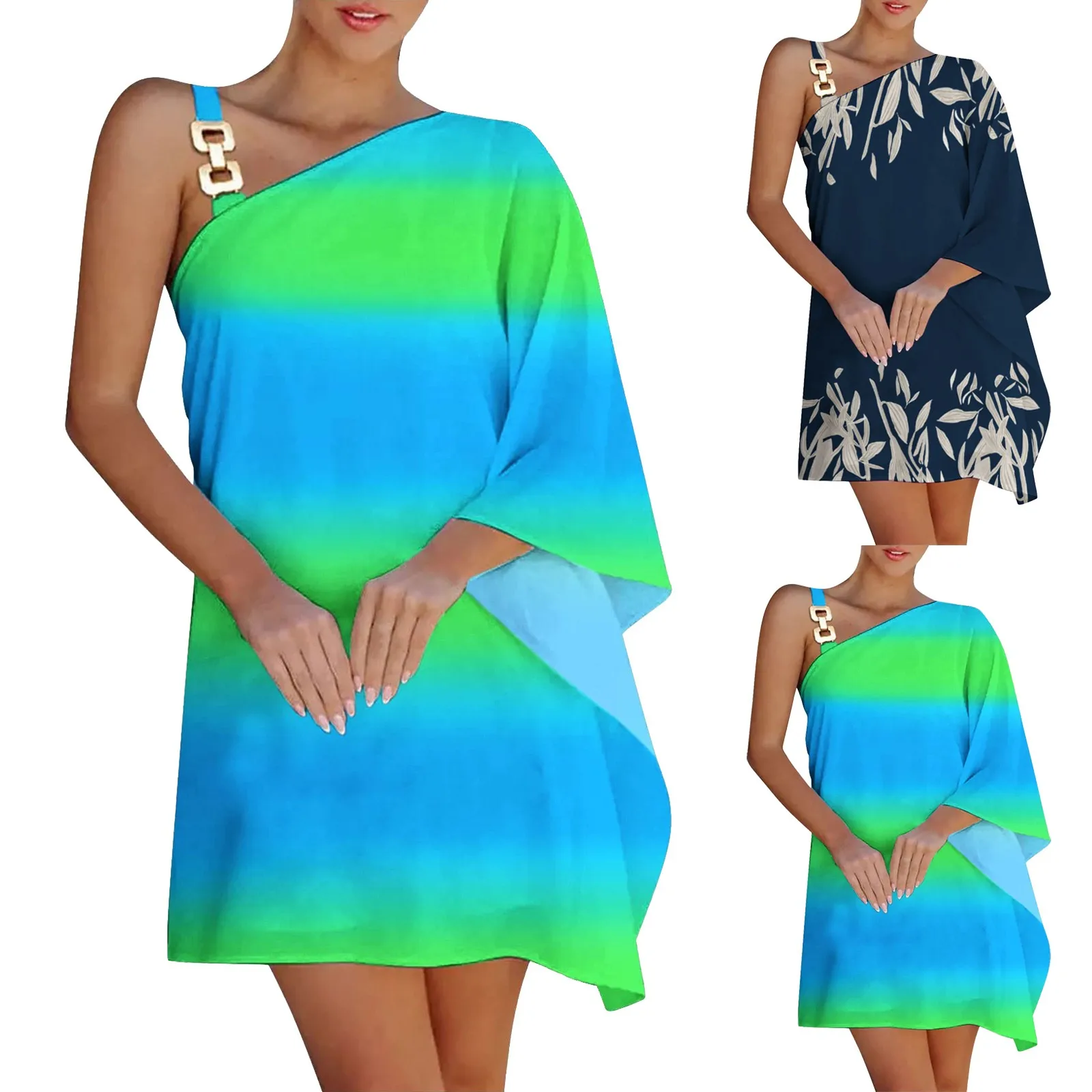 

Summer Dress For Women One Shoulder Half Bat Sleeve Print Casual Dresses Loose Metal Strap Beach Cotton Maxi Dresses for Women