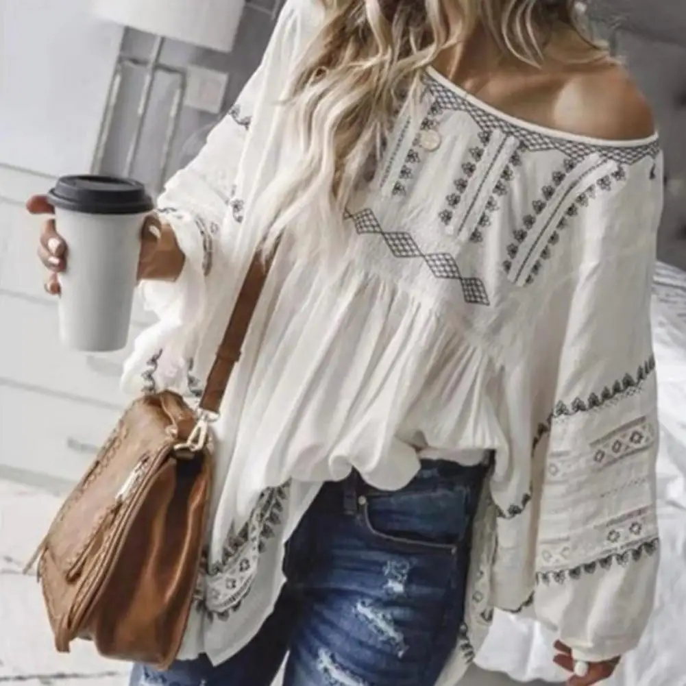 

O-Neck Lantern Long Sleeve Pleated Hem Loose Fit Women Top Autumn Casual Pattern Print Blouse Shirt Female Clothing
