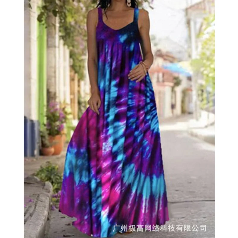 

Women Elegant Summer Bohemian Dress Women Casual Fashion Strap Sleeveless V Neck Tie Dye Print Long Maxi Dress Streetwear