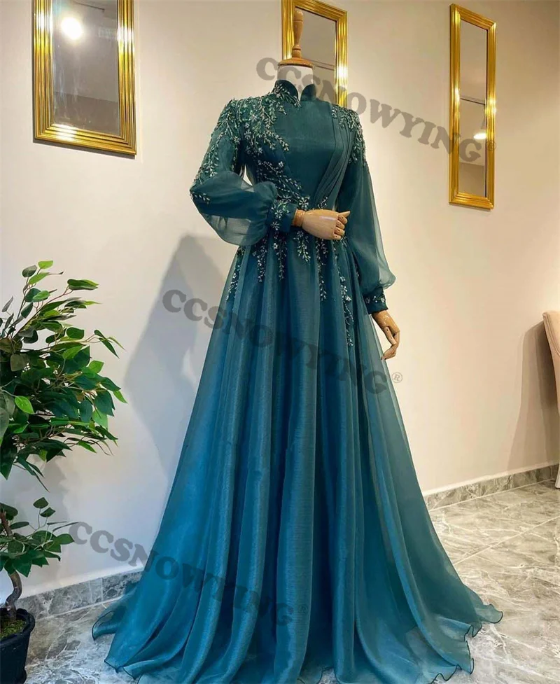 

Organza Appliques Beaded Muslim Evening Dresses Long Sleeve Hijab Islamic Formal Party Gowns Women Arabic Kaftan Robes De Soirée