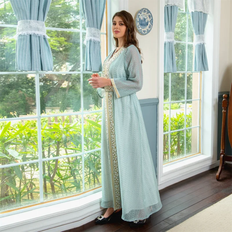 Elegant Turkish Abayas Muslim 2 Pieces Set Kaftan Dubai Luxury Diamonds Arabic Dresses Floral Embroidery Lace Tape Belted Dress