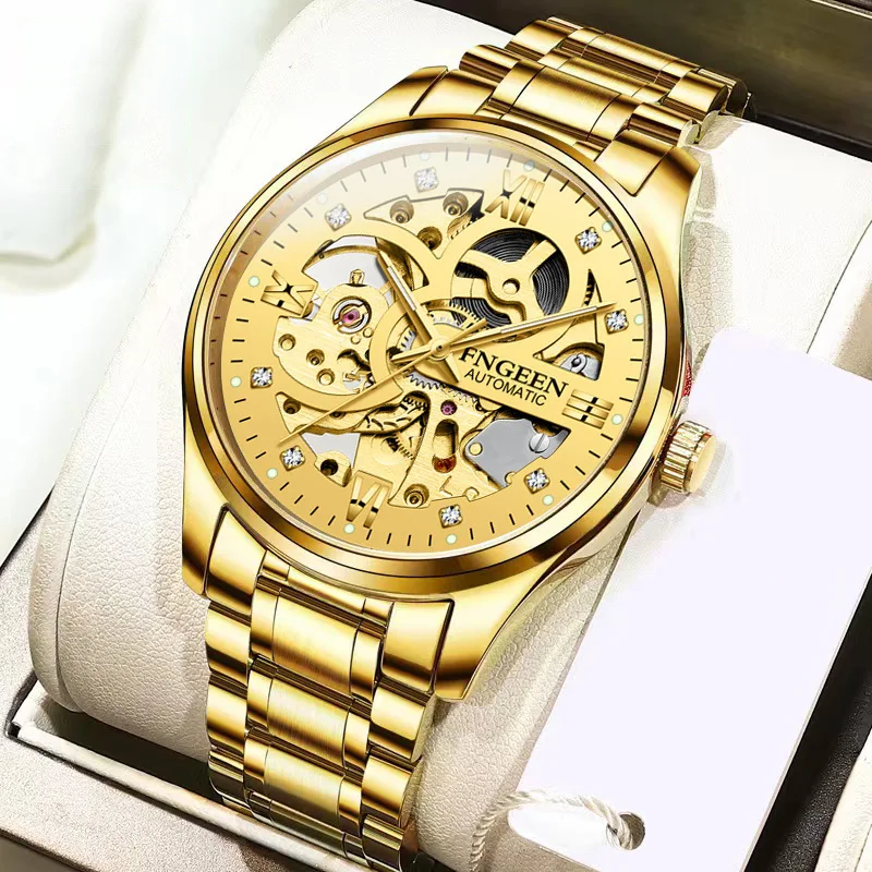 

FNGEEN Luxury Skeleton Automatic Mechanical Watches for Men Luminous Hollow Carved Movement Stainless Steel Strap Gold Watch