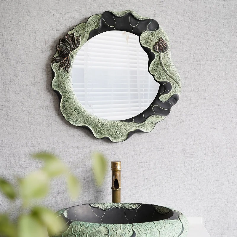 

Китайский винтажный зеркальный органайзер для ванной комнаты, дизайнерское зеленое круглое настенное зеркало в форме лотоса, роскошное зе...