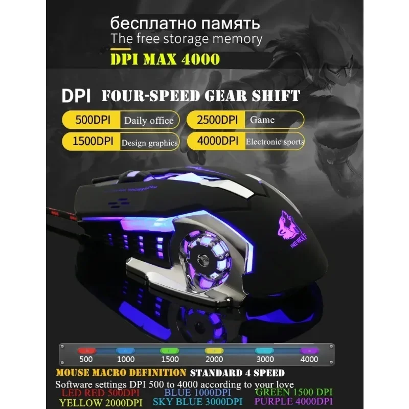 Проводная игровая мышь регулировка 4 точек на дюйм (500–4000 дюйм) с 7 светодиодами