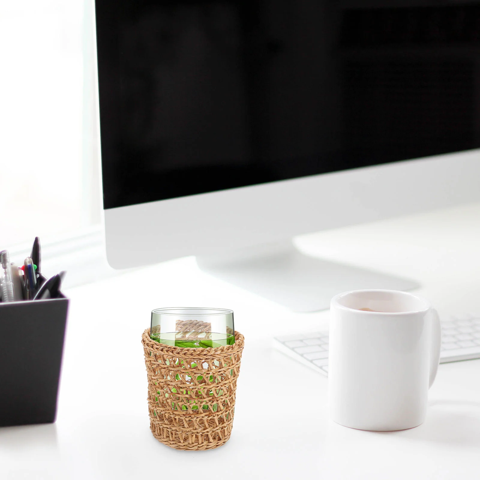 

Cup Holder Sleeve Bottle Woven Rattan Cover Drink Water Coffee Straw Glass Sleeves Makeup Basket Wicker Brushhandwoven Pen