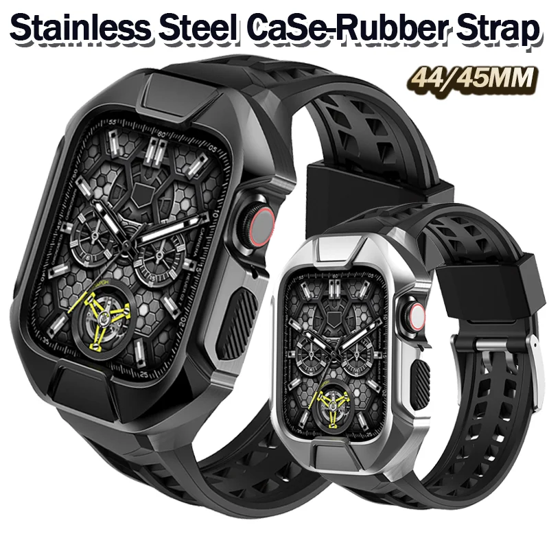 Stainless Steel Case Rubber Strap for iWatch Series 7 44MM 45MM Metal Modification Kit For Apple Watch Band 6 5 4 SE Diy Mod Set