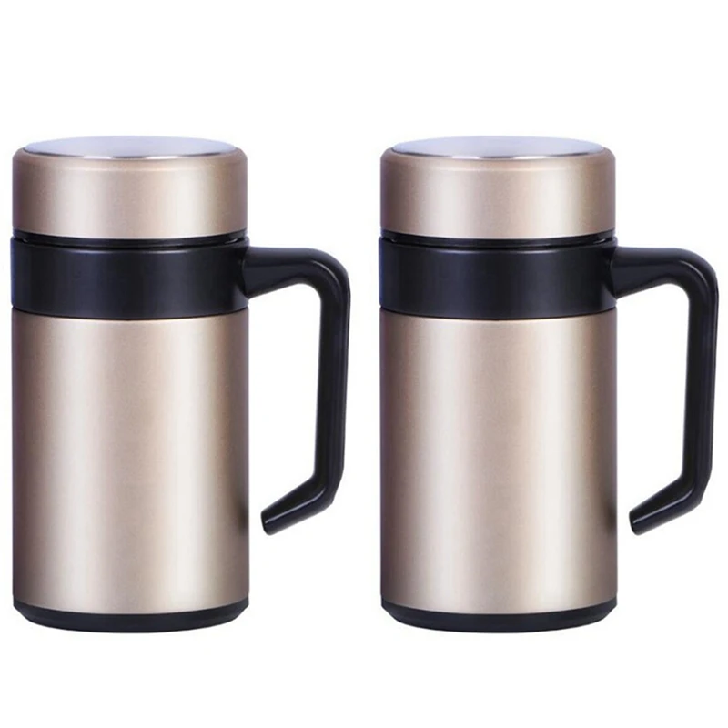

New 2X 500ML Thermal Mug Stainless Steel Vacuum Flasks With Handle Thermocup Office Thermoses For Tea Insulated Cup Gold
