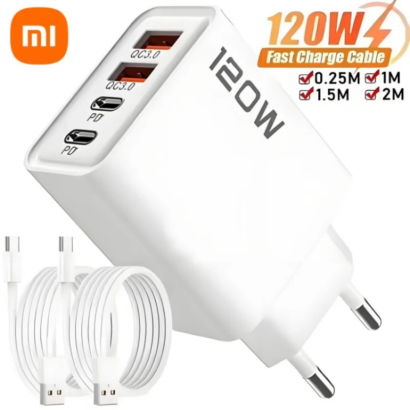 Фото Xiaomi 120 Вт 4-портовое зарядное устройство USB типа C Кабель для быстрой зарядки данных USB-адаптер для зарядного устройства для телефона для Samsung IPhone Huawei Настенное зарядное устройство №1