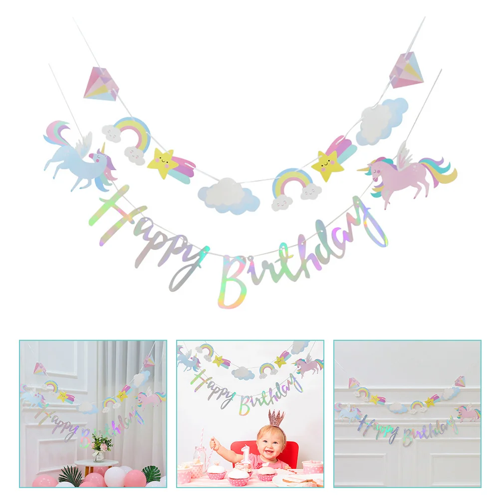 

2 Sets Unicorn Pulling The Flag Party Banner Decor Birthday Bunting Decorative Kids Happy Signs Paper