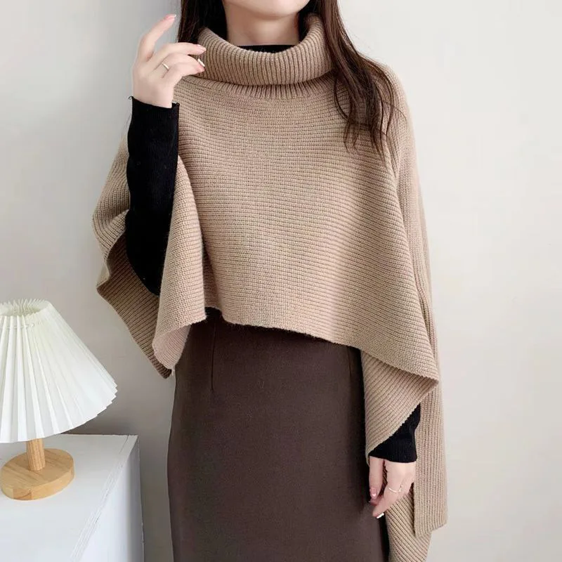 

VANOVICH Korean Style 2023 Winter New Solid Color Irregular Knitted Turtleneck Shawl Sweater for Women Loose Fashion Sweaters