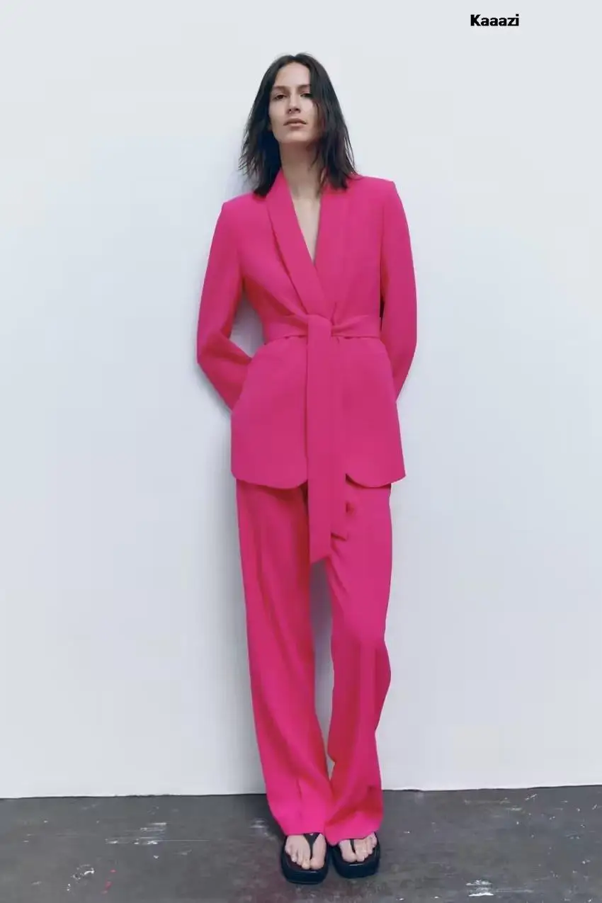 KAAAZI Office Lady White Blazer Suits Women Long Sleeve V Neck Sashes Blazer+High Waist Wide Leg Long Pants Fashion 2023 Sets