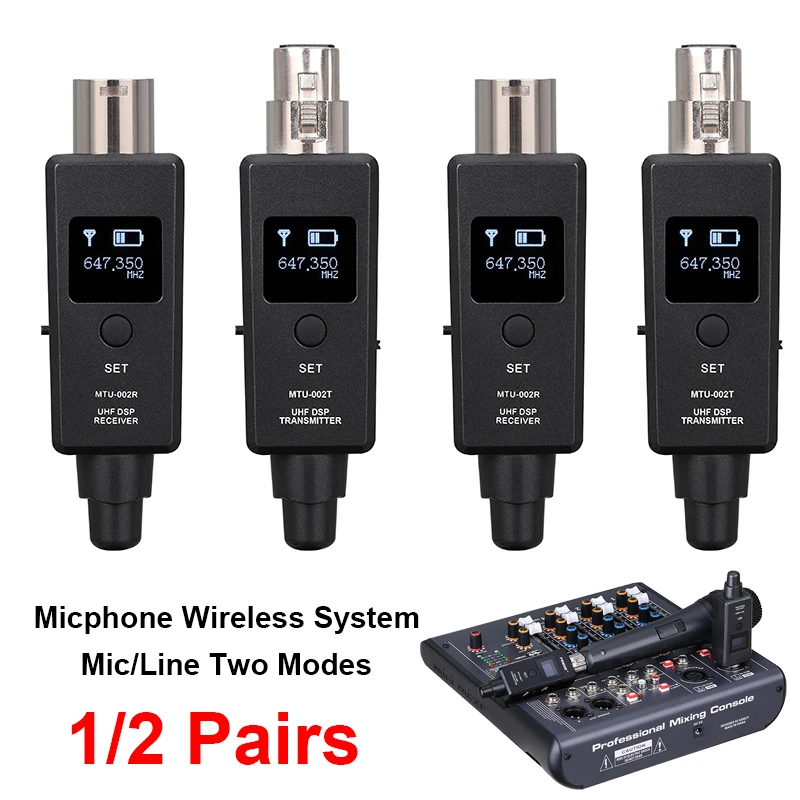 

Rechargeable Dynamic Microphone Wireless System UHF DSP Transmitter Receiver Mic/Line Two Modes For Mixers Recorders Speakers