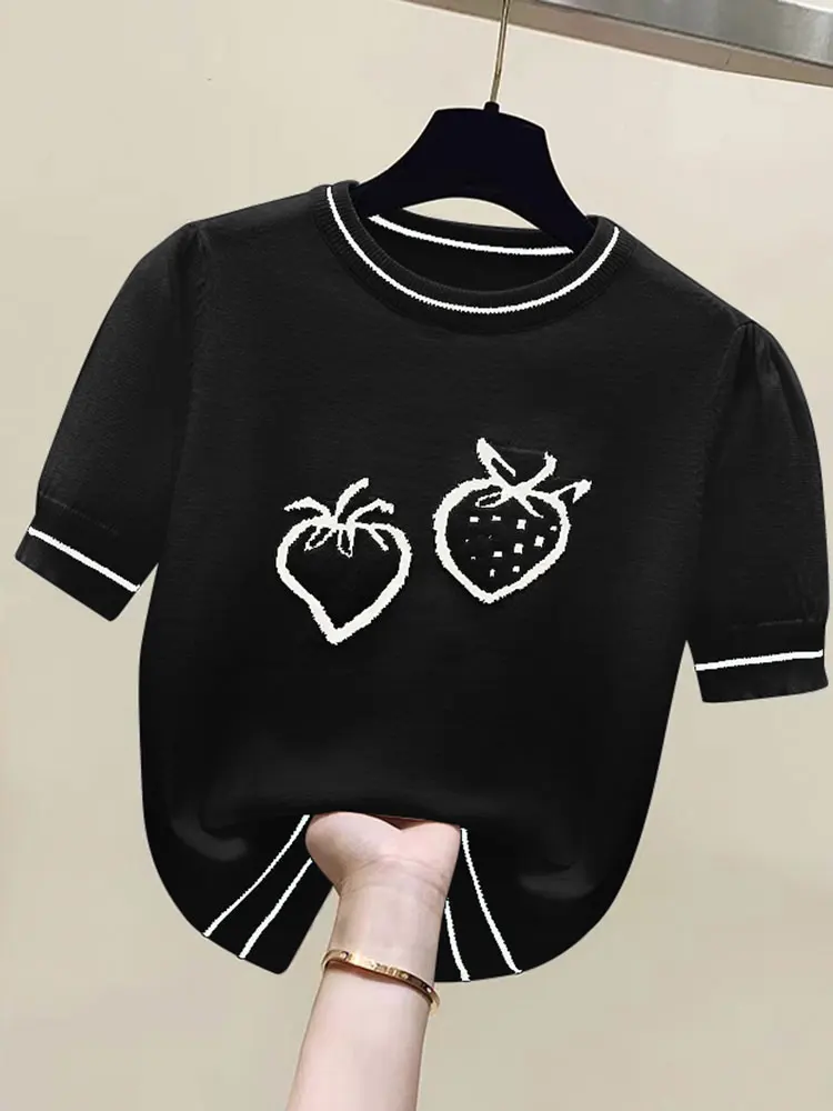 

Black Tshirt Tops For Women Loose Knitted Tshirts Embroidery Short Sleeve T-shirt Korean Fashion Casual Top Femme Summer 2022