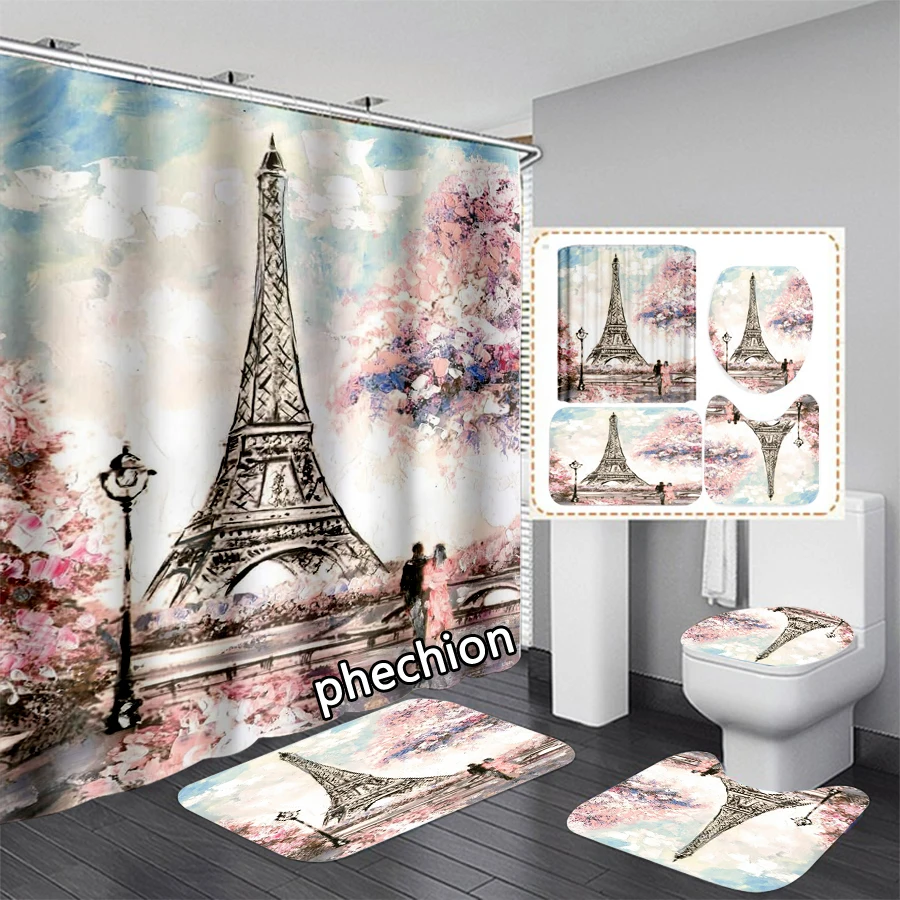 

phechion Eiffel Tower 3D Print Waterproof Bathroom Shower Curtain Toilet Cover Mat Non-Slip Floor Mat (1/3/4Pcs) W60