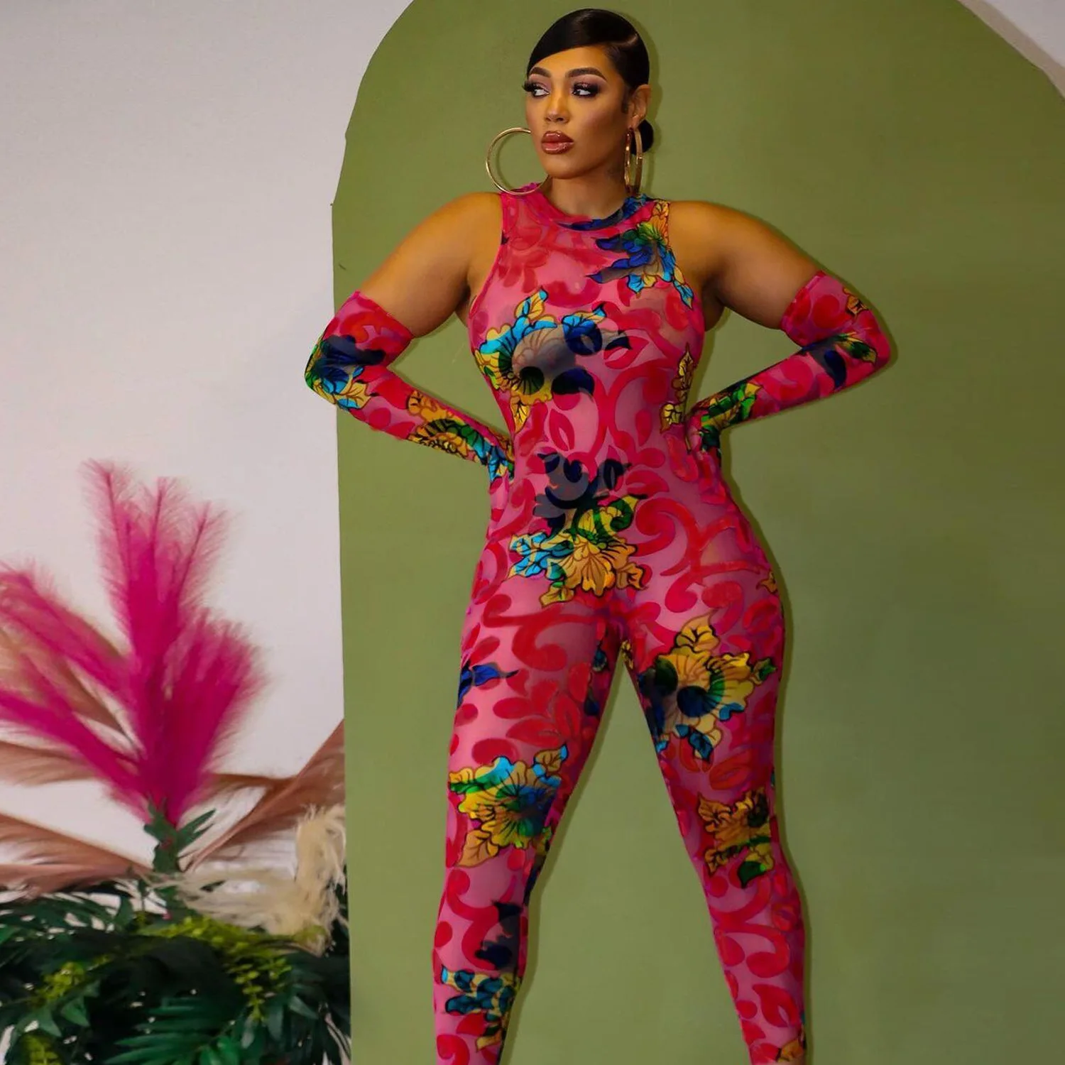 Women Floral Bodycon Skinny Stretch Oversleeve Jumpsuit 2023 High Street INS Female Party One Piece Suit Playsuit