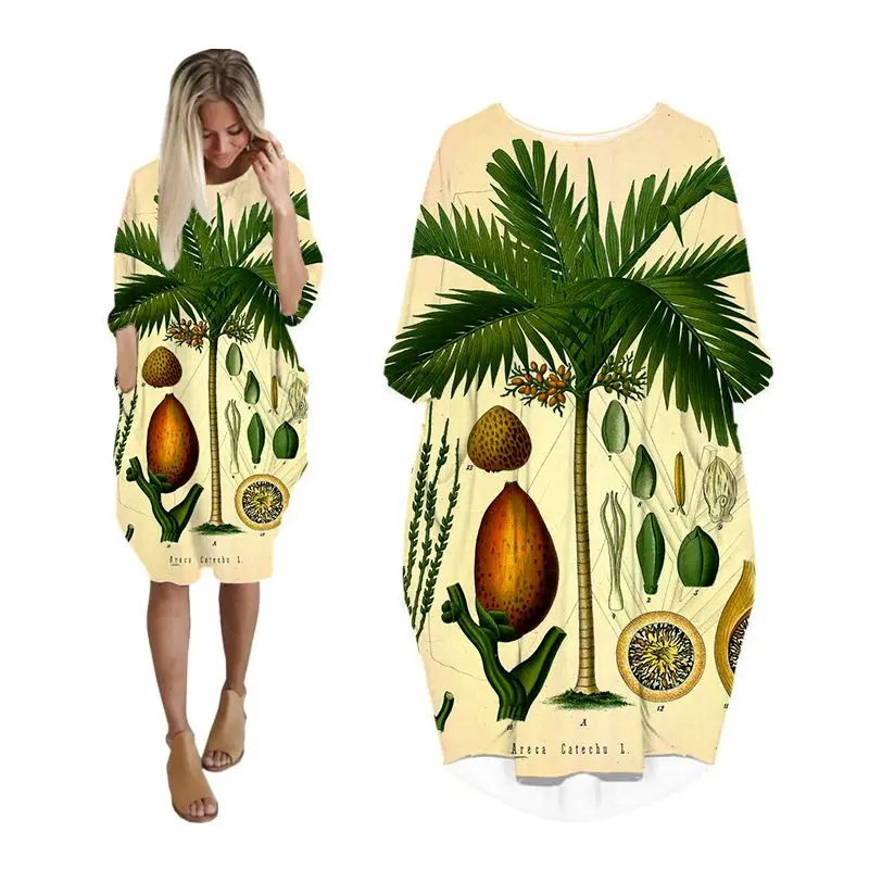 

Midi Dress Shirt Woman Palm Tree Vintage 3d Printed Fashion Pocket Harajuku Long Sleeve Casual Dresses Womens Plus Size Clothes