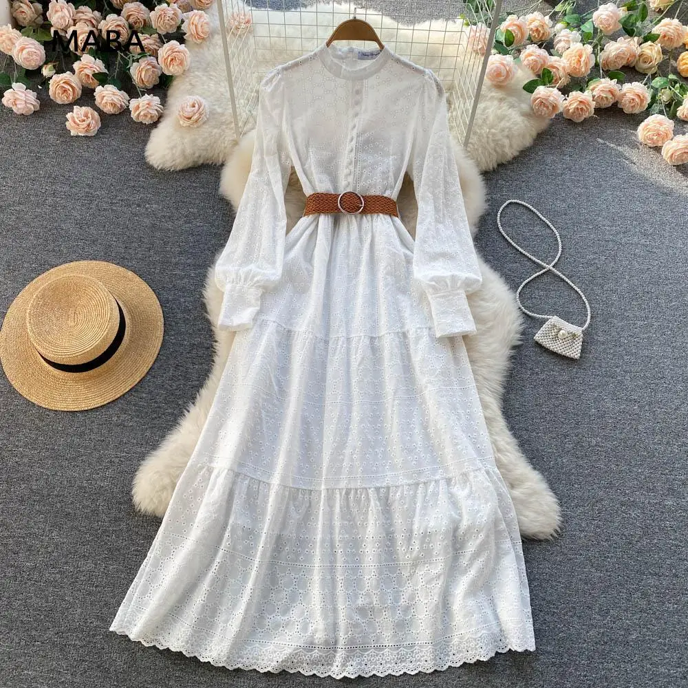 

Autumn Women White Black Green Embroidery Hollow Out Elegant Long Dress Vintage Ladies Puff Sleeve Belt Streetwear French Robe